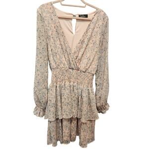 Lulus XL Pink Metallic Floral Smocked Waist Tiered  Mini Dress EUC